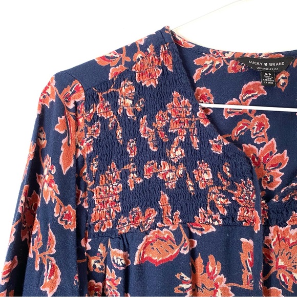 Lucky Brand Womens Bohemian Navy Rose Floral Long Sleeve Blouse Size Small - Picture 3 of 8
